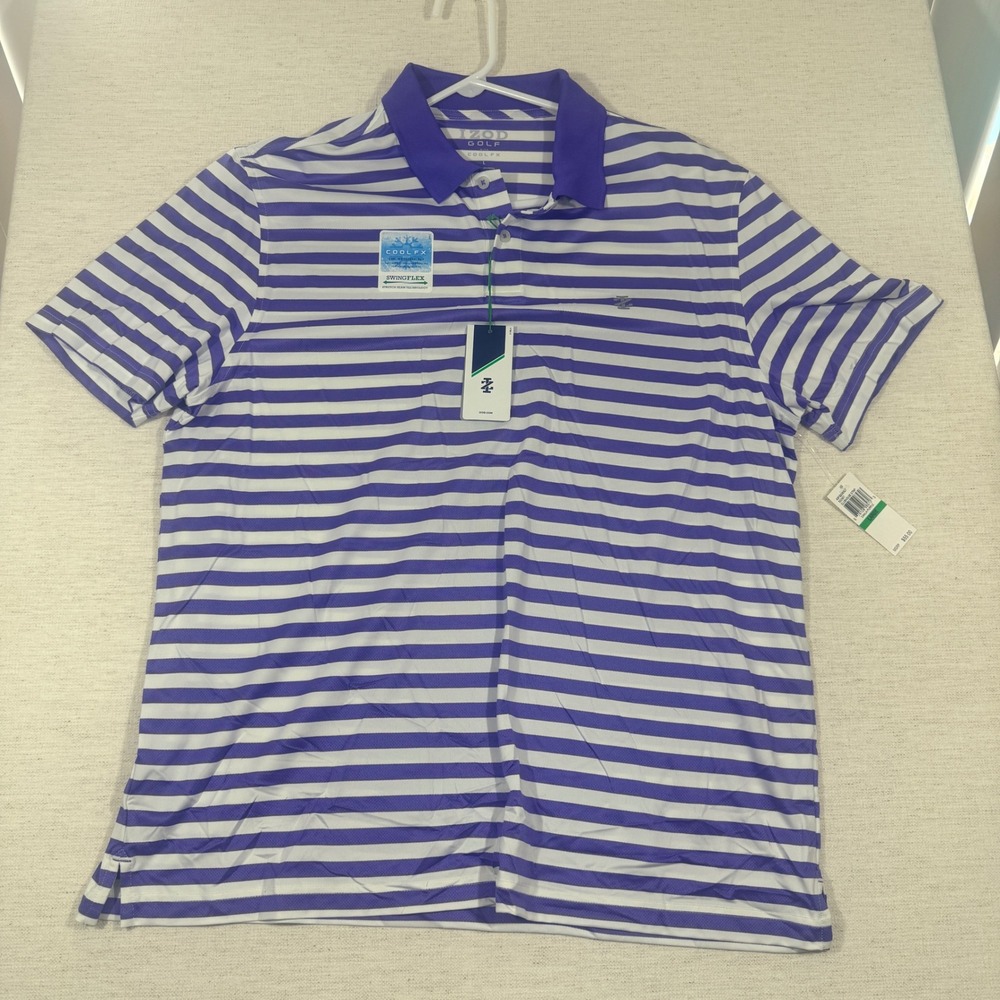 IZOD Golf Polo Shirt Mens Large Purple New Clubhouse Strip CoolFX SwingFlex